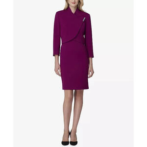 Tahari ASL Fuschia Scoop Neck Zip Back Shift Dress With Curved Hem Snap Jacket 8